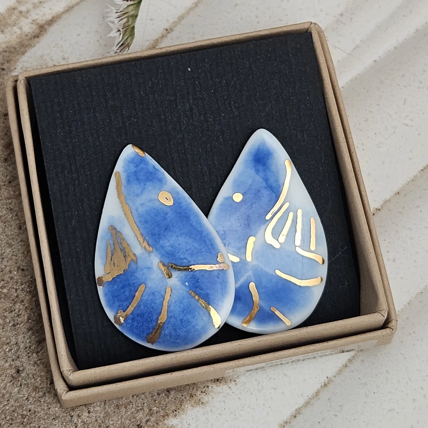 Cobalt blue fine ceramic porcelain hypoallergenic stud designer earrings for sensitive ears - hand-painted artisan shrimps with 22k gold plating - Image 4