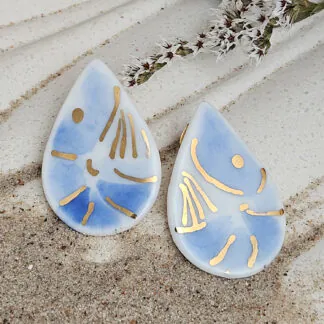 Cobalt blue fine ceramic porcelain hypoallergenic stud designer earrings for sensitive ears - hand-painted artisan shrimps with 22k gold plating