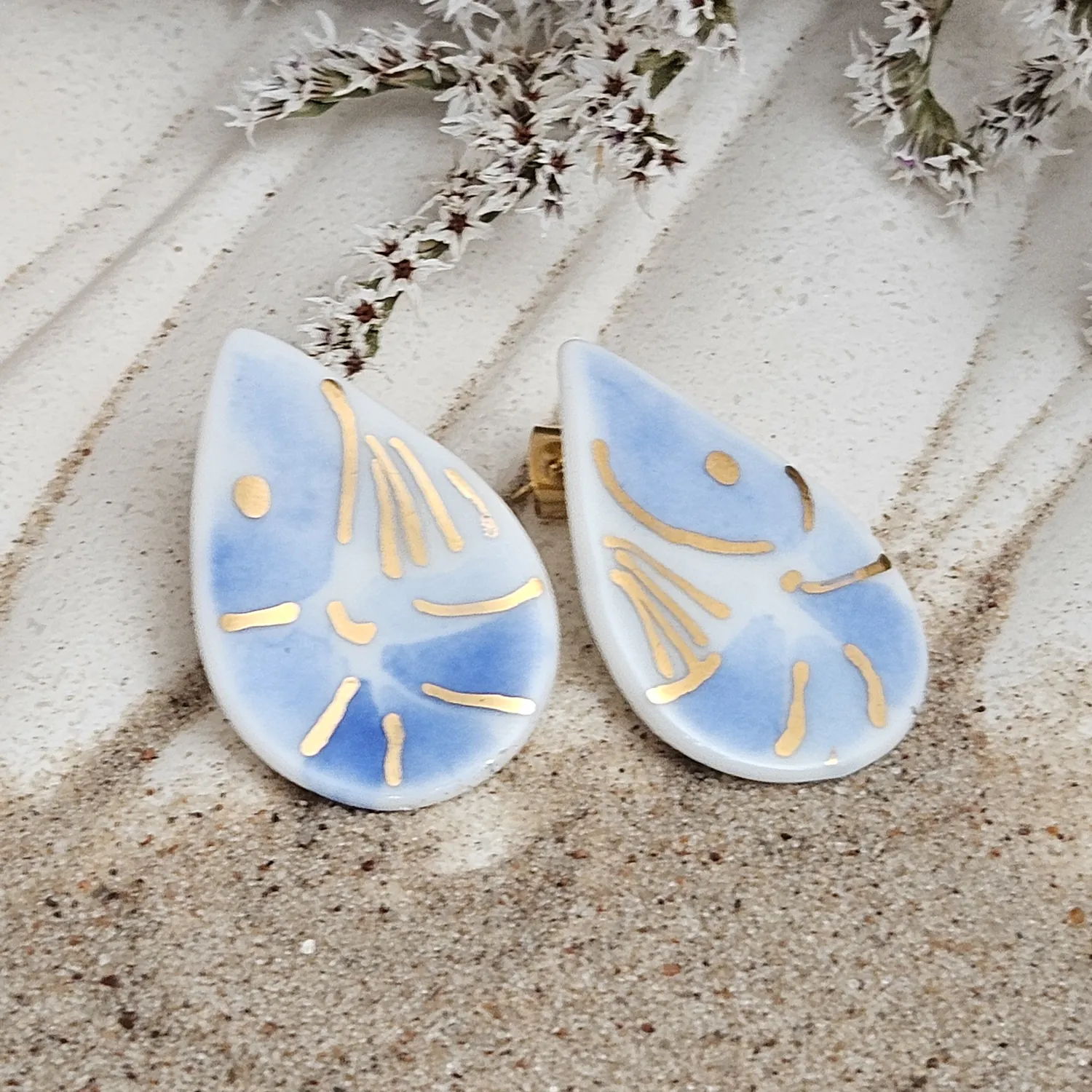 Cobalt blue fine ceramic porcelain hypoallergenic stud designer earrings for sensitive ears - hand-painted artisan shrimps with 22k gold plating - Image 2