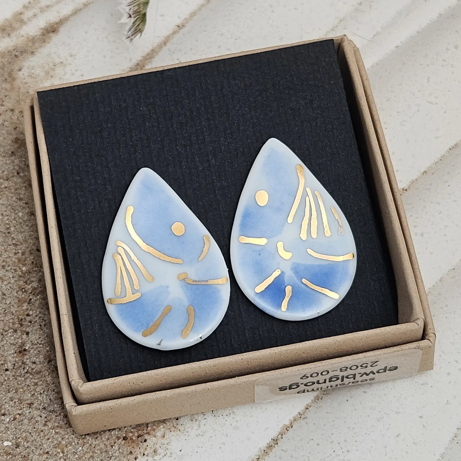 Cobalt blue fine ceramic porcelain hypoallergenic stud designer earrings for sensitive ears - hand-painted artisan shrimps with 22k gold plating - Image 4