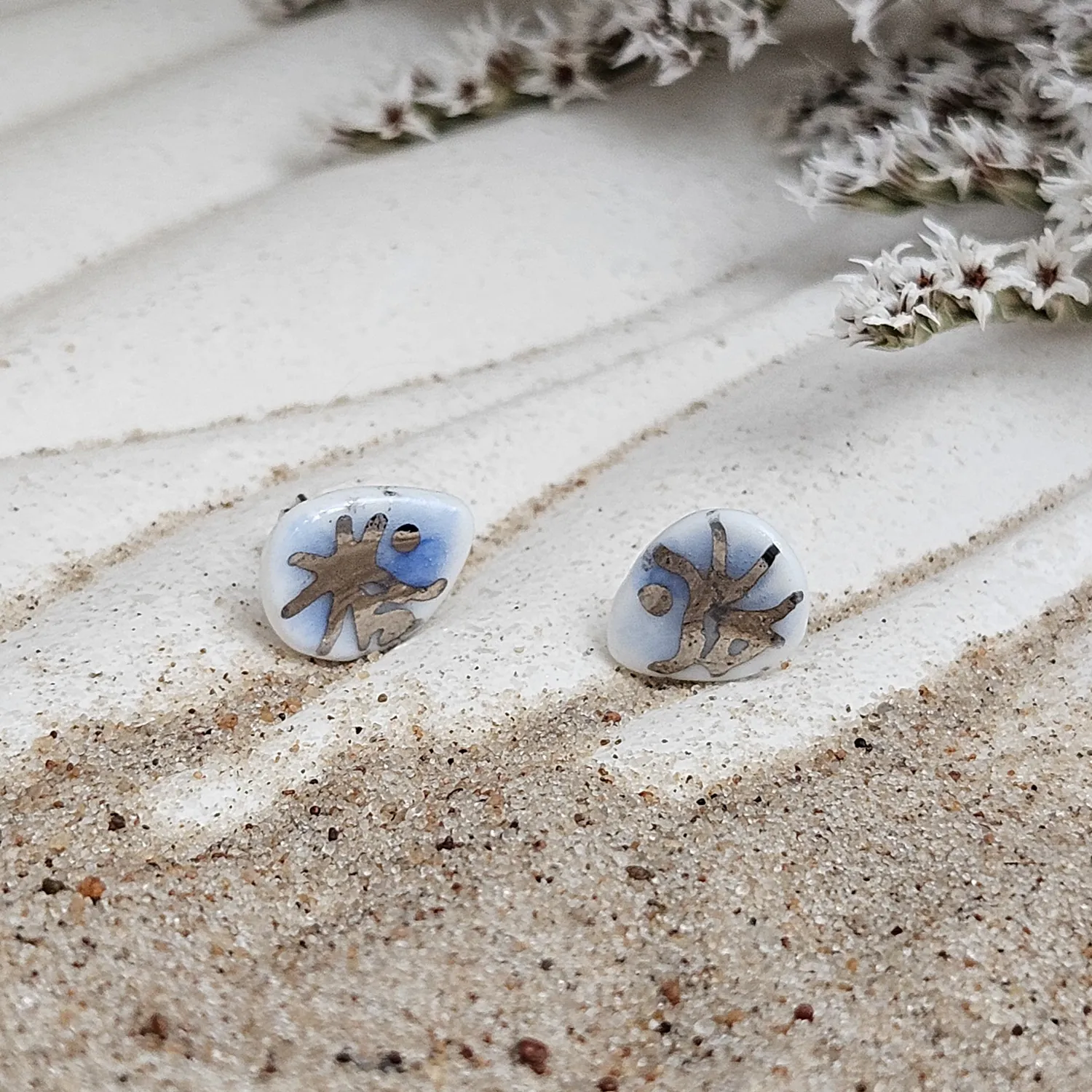 Cobalt blue fine ceramic porcelain hypoallergenic stud designer earrings for sensitive ears - hand-painted artisan shrimps with silver accents (white gold)