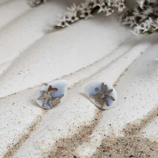 Cobalt blue fine ceramic porcelain hypoallergenic stud designer earrings for sensitive ears - hand-painted artisan shrimps with silver accents (white gold)