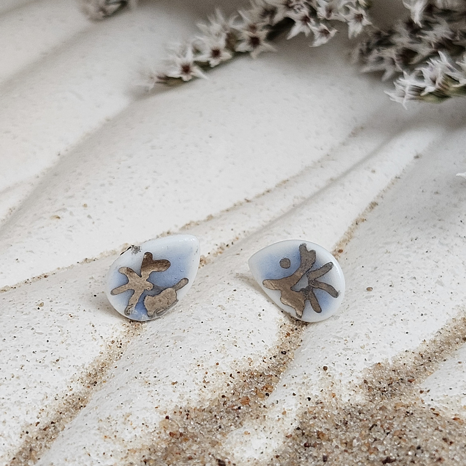 Cobalt blue fine ceramic porcelain hypoallergenic stud designer earrings for sensitive ears - hand-painted artisan shrimps with silver accents (white gold)