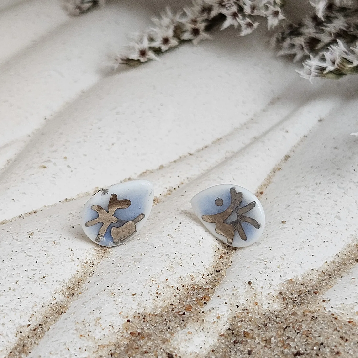 Cobalt blue fine ceramic porcelain hypoallergenic stud designer earrings for sensitive ears - hand-painted artisan shrimps with silver accents (white gold)