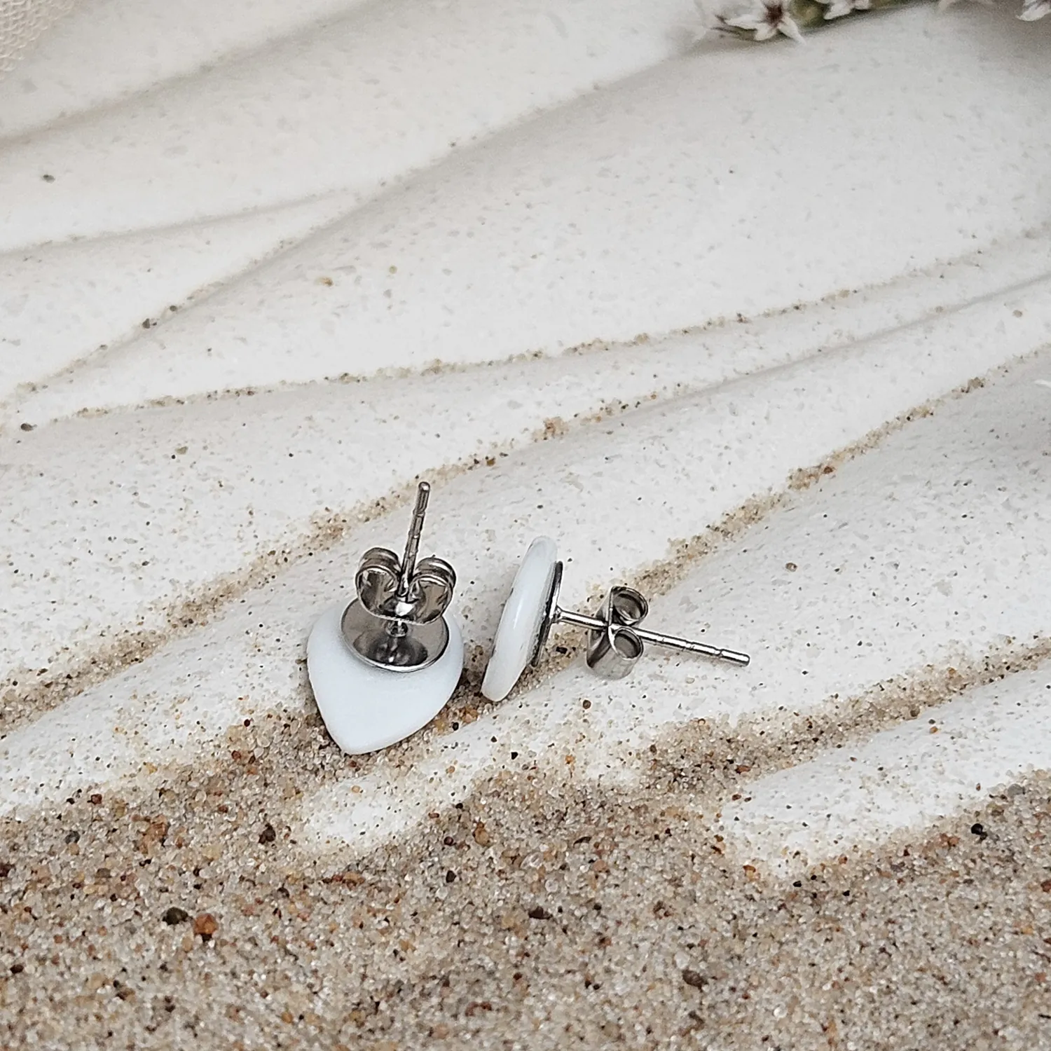 Cobalt blue fine ceramic porcelain hypoallergenic stud designer earrings for sensitive ears - hand-painted artisan shrimps with silver accents (white gold) - Image 3