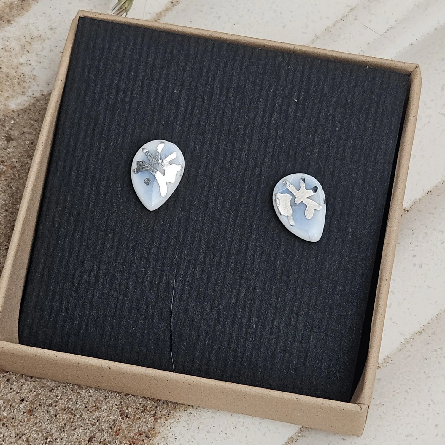 Cobalt blue fine ceramic porcelain hypoallergenic stud designer earrings for sensitive ears - hand-painted artisan shrimps with silver accents (white gold) - Image 4