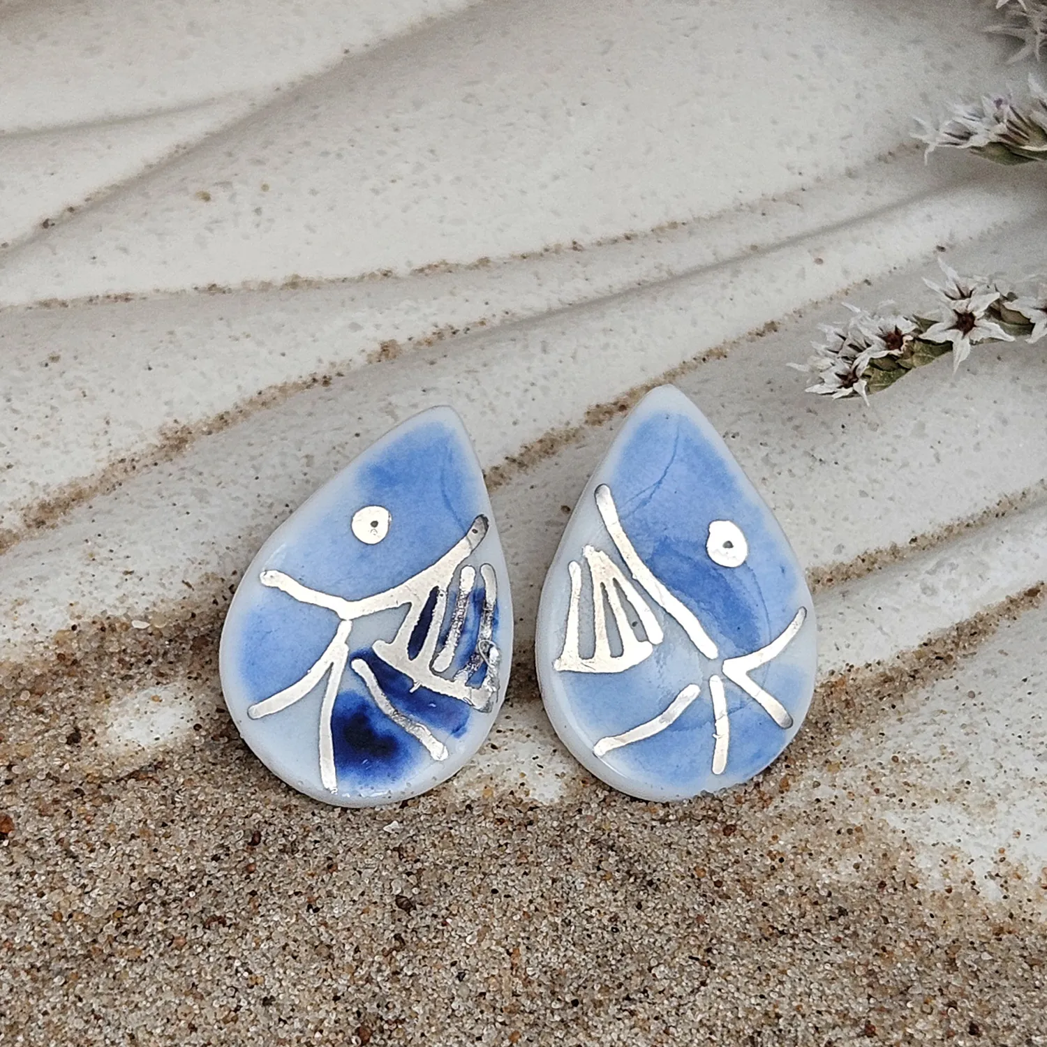 Cobalt blue fine ceramic porcelain hypoallergenic stud designer earrings for sensitive ears - hand-painted artisan shrimps with silver accents (white gold)
