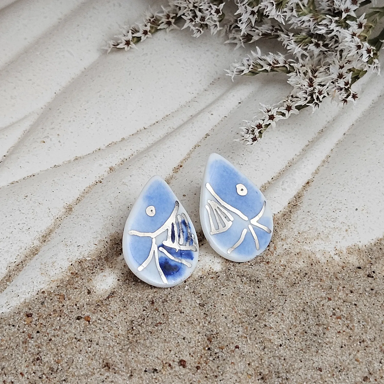 Cobalt blue fine ceramic porcelain hypoallergenic stud designer earrings for sensitive ears - hand-painted artisan shrimps with silver accents (white gold) - Image 2