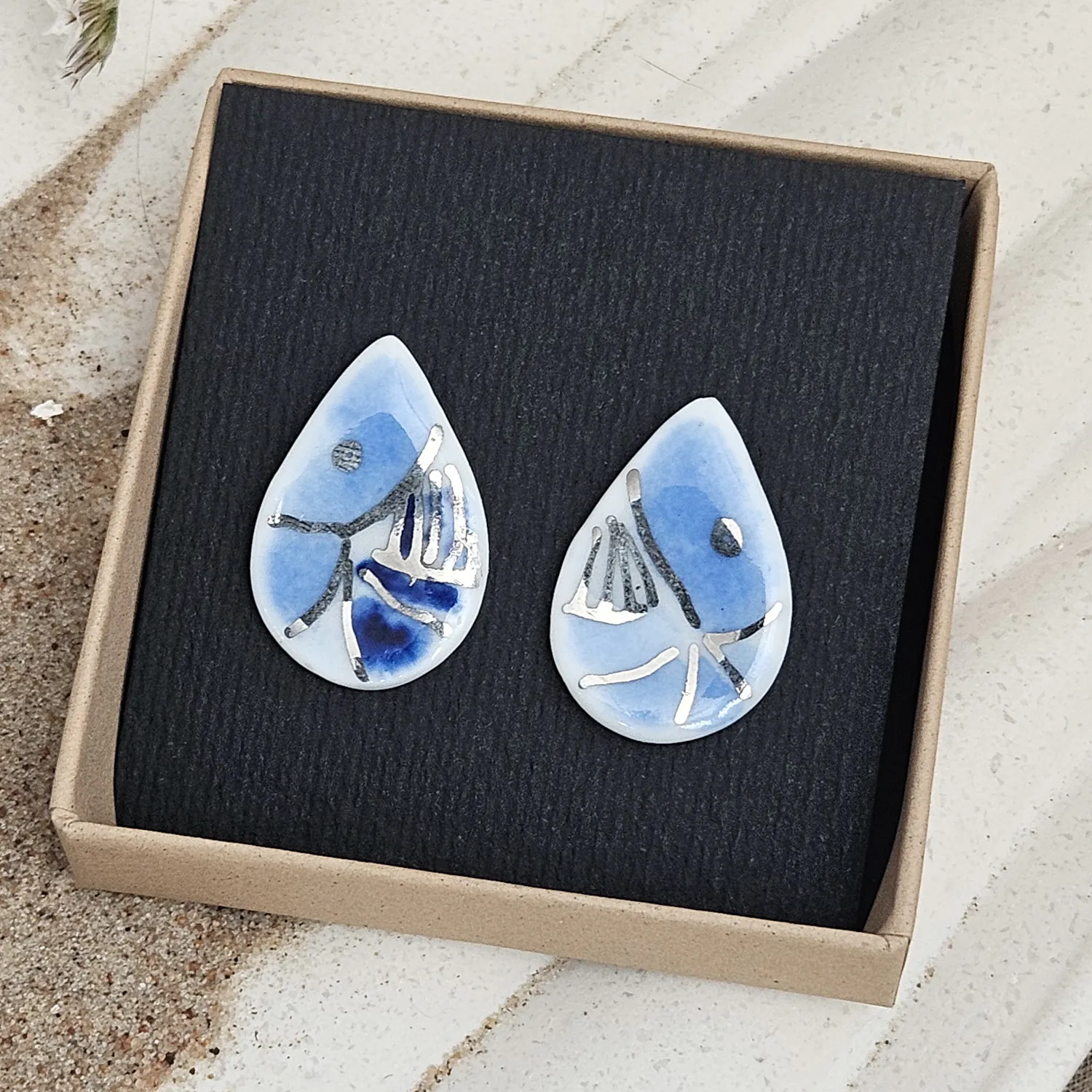 Cobalt blue fine ceramic porcelain hypoallergenic stud designer earrings for sensitive ears - hand-painted artisan shrimps with silver accents (white gold) - Image 4