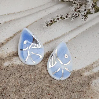 Cobalt blue fine ceramic porcelain hypoallergenic stud designer earrings for sensitive ears - hand-painted artisan shrimps with silver accents (white gold)