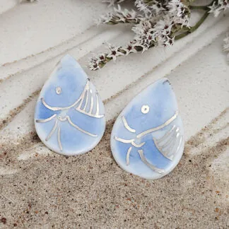 Cobalt blue fine ceramic porcelain hypoallergenic stud designer earrings for sensitive ears - hand-painted artisan shrimps with silver accents (white gold)