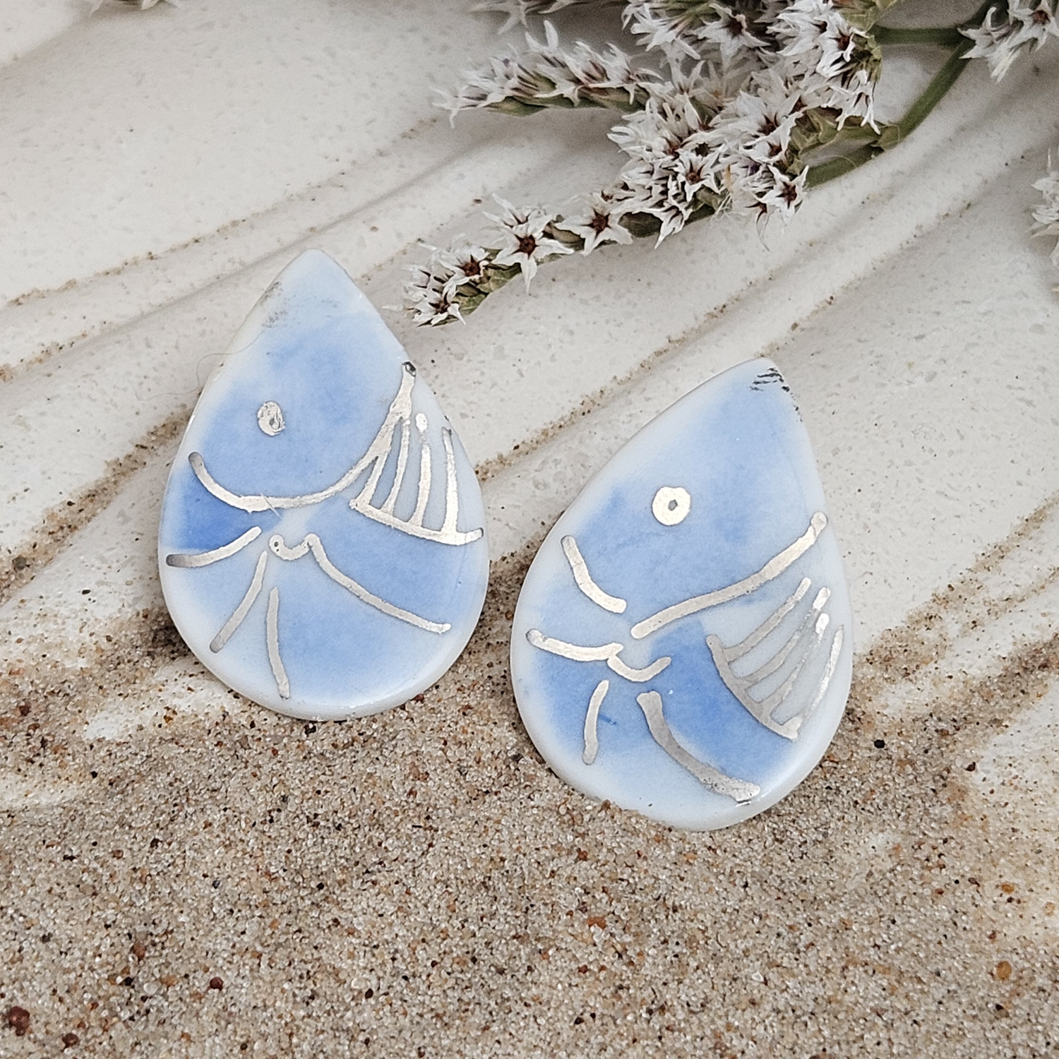 Cobalt blue fine ceramic porcelain hypoallergenic stud designer earrings for sensitive ears - hand-painted artisan shrimps with silver accents (white gold)