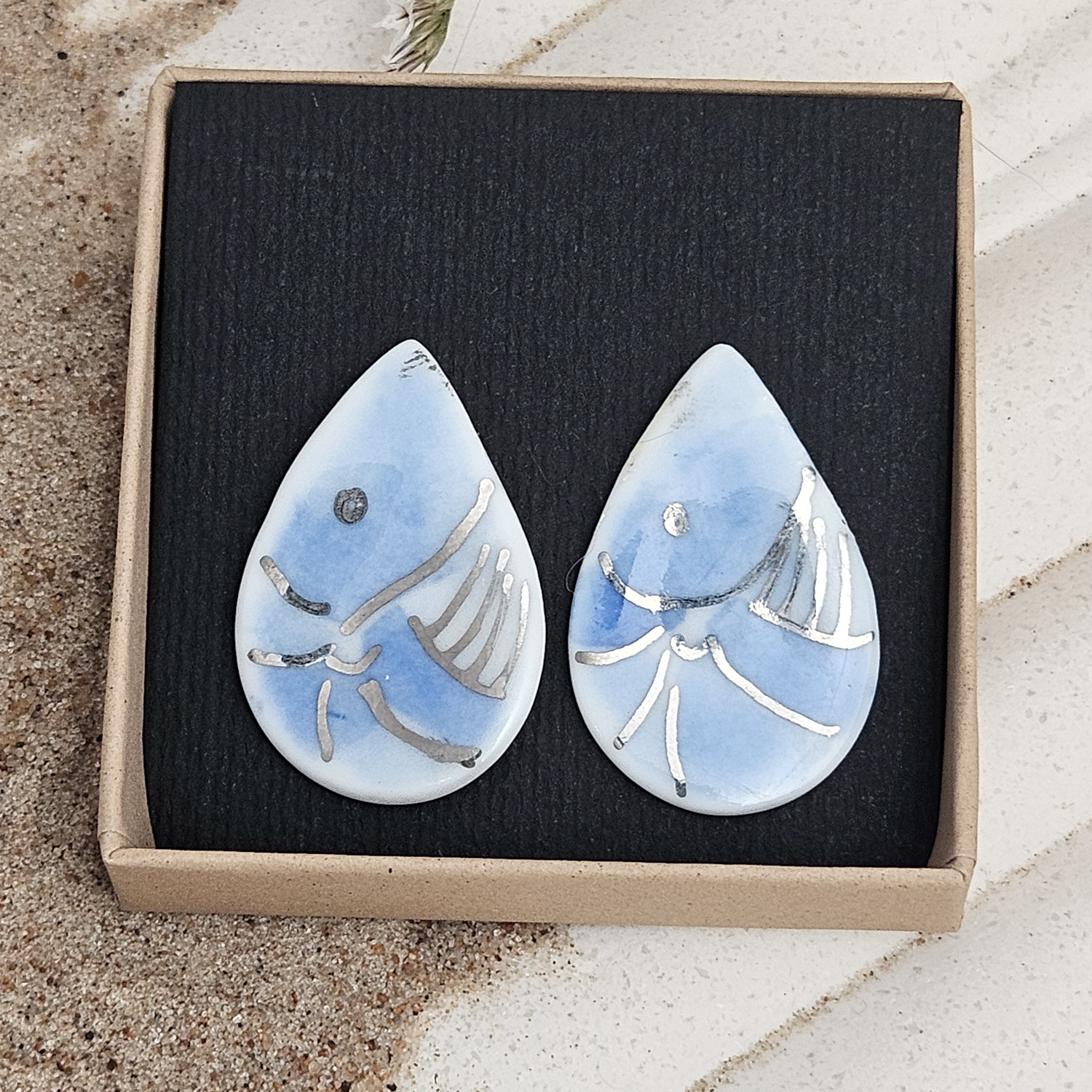 Cobalt blue fine ceramic porcelain hypoallergenic stud designer earrings for sensitive ears - hand-painted artisan shrimps with silver accents (white gold) - Image 5