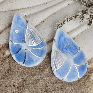 Cobalt blue fine ceramic porcelain hypoallergenic stud designer earrings for sensitive ears - hand-painted artisan shrimps with silver accents (white gold)