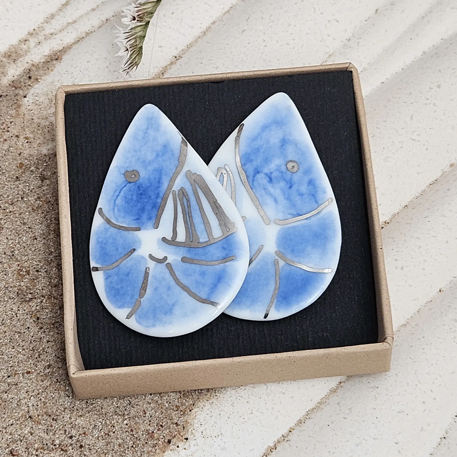Cobalt blue fine ceramic porcelain hypoallergenic stud designer earrings for sensitive ears - hand-painted artisan shrimps with silver accents (white gold) - Image 6