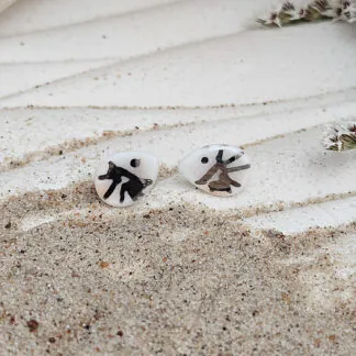 Fine ceramic fine ceramic porcelain hypoallergenic stud designer earrings for sensitive ears - hand-painted artisan shrimps with silver accents (white gold)