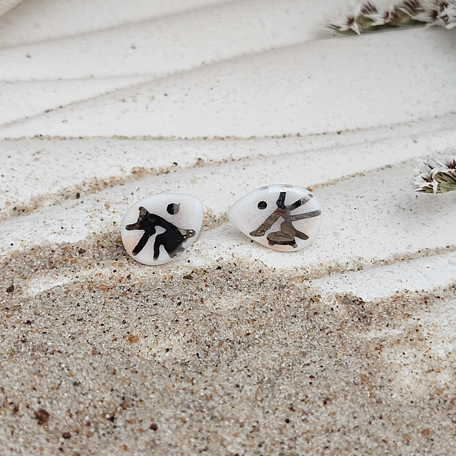 Fine ceramic fine ceramic porcelain hypoallergenic stud designer earrings for sensitive ears - hand-painted artisan shrimps with silver accents (white gold)