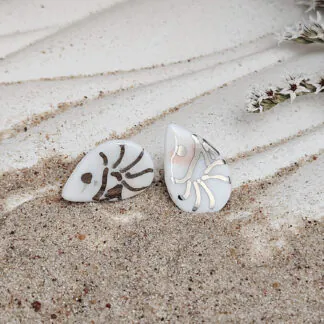 Fine ceramic fine ceramic porcelain hypoallergenic stud designer earrings for sensitive ears - hand-painted artisan shrimps with silver accents (white gold)