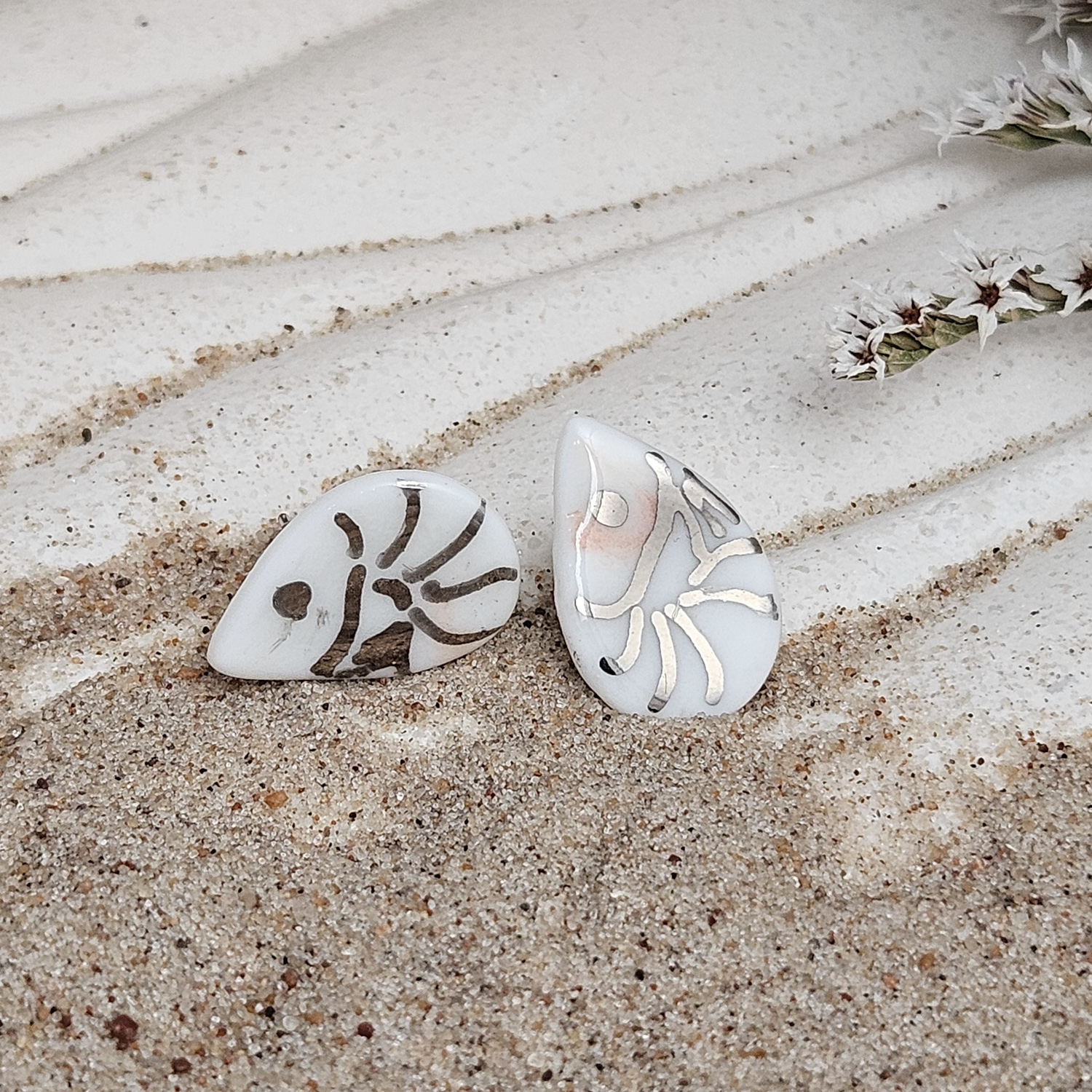 Fine ceramic fine ceramic porcelain hypoallergenic stud designer earrings for sensitive ears - hand-painted artisan shrimps with silver accents (white gold)
