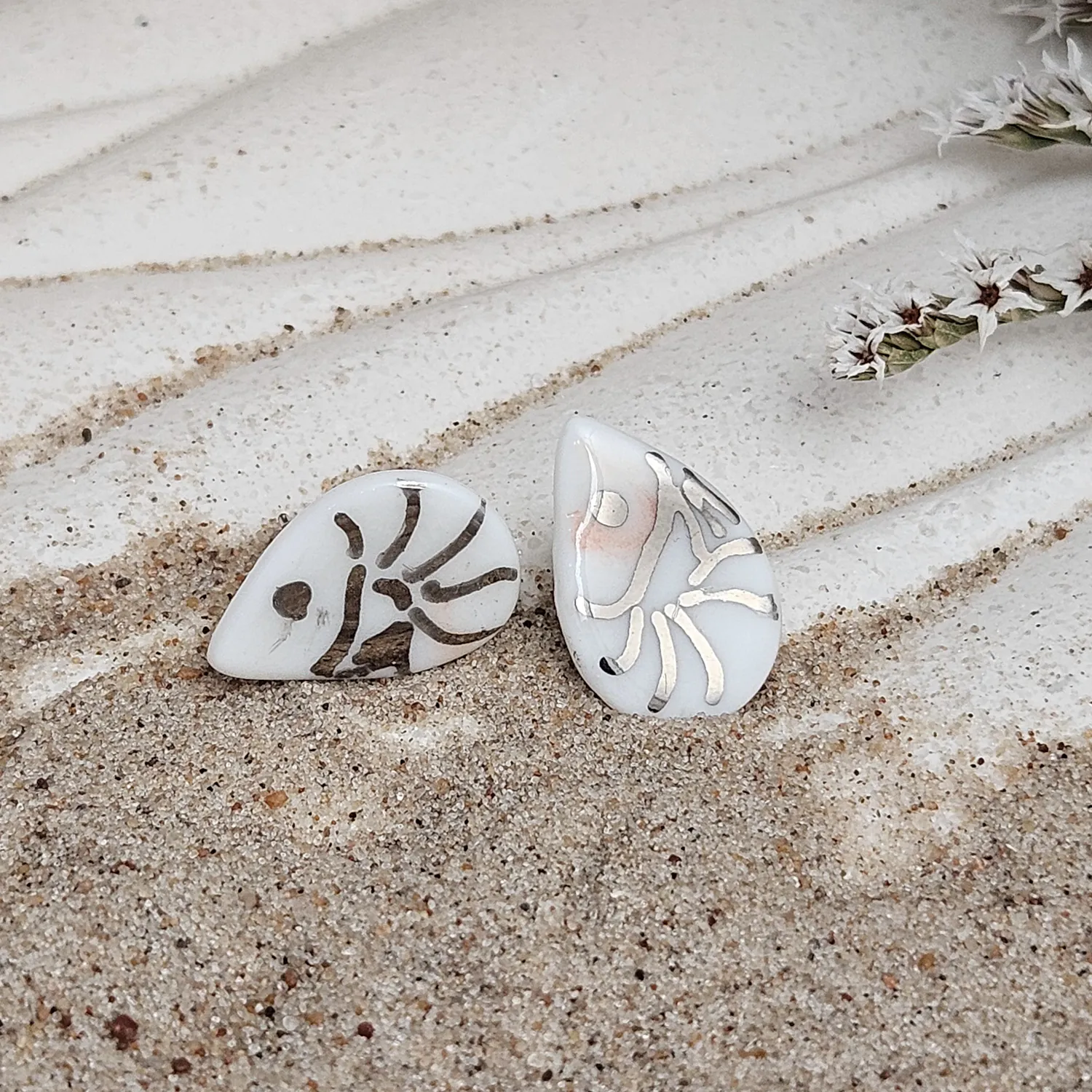Fine ceramic fine ceramic porcelain hypoallergenic stud designer earrings for sensitive ears - hand-painted artisan shrimps with silver accents (white gold)
