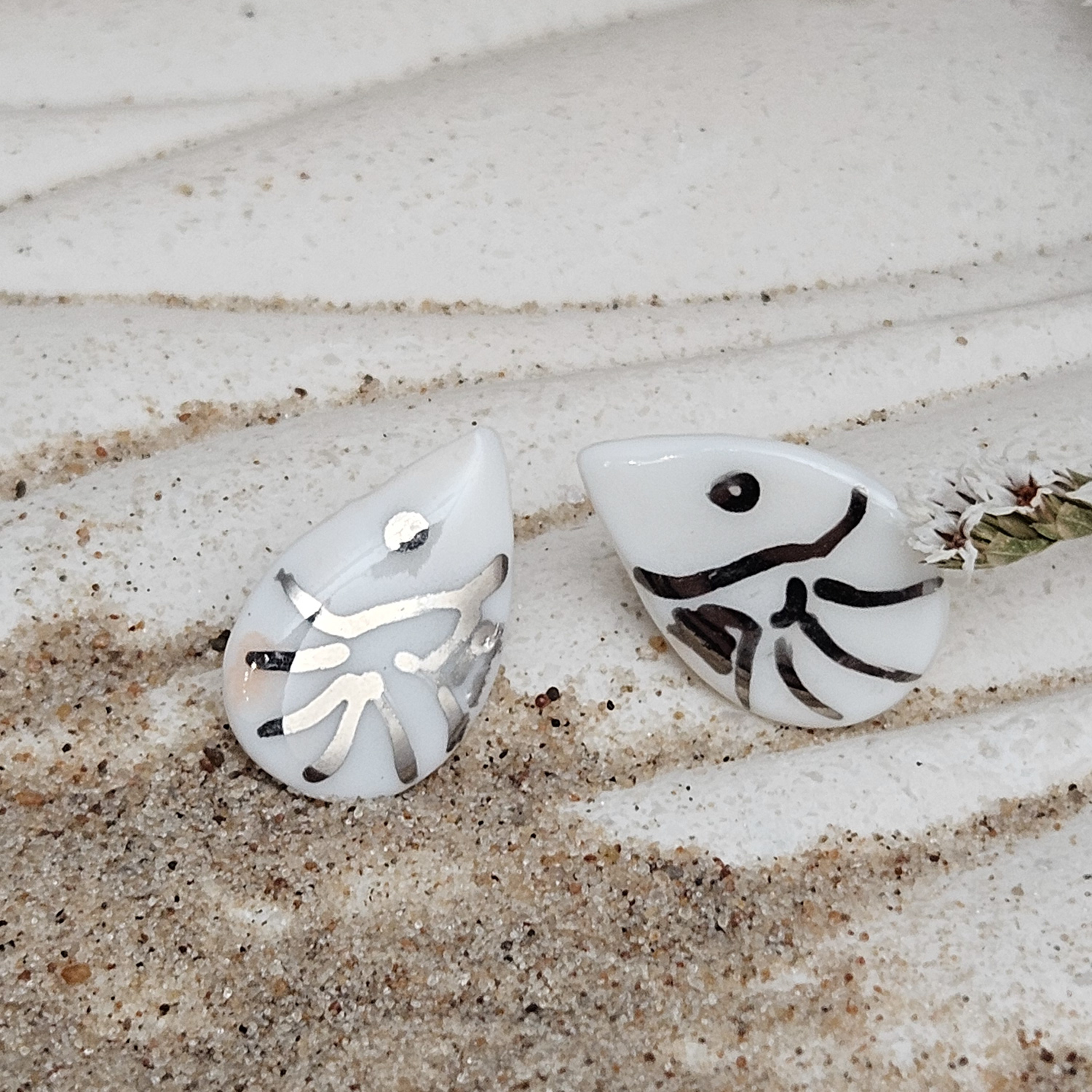 Fine ceramic fine ceramic porcelain hypoallergenic stud designer earrings for sensitive ears - hand-painted artisan shrimps with silver accents (white gold)