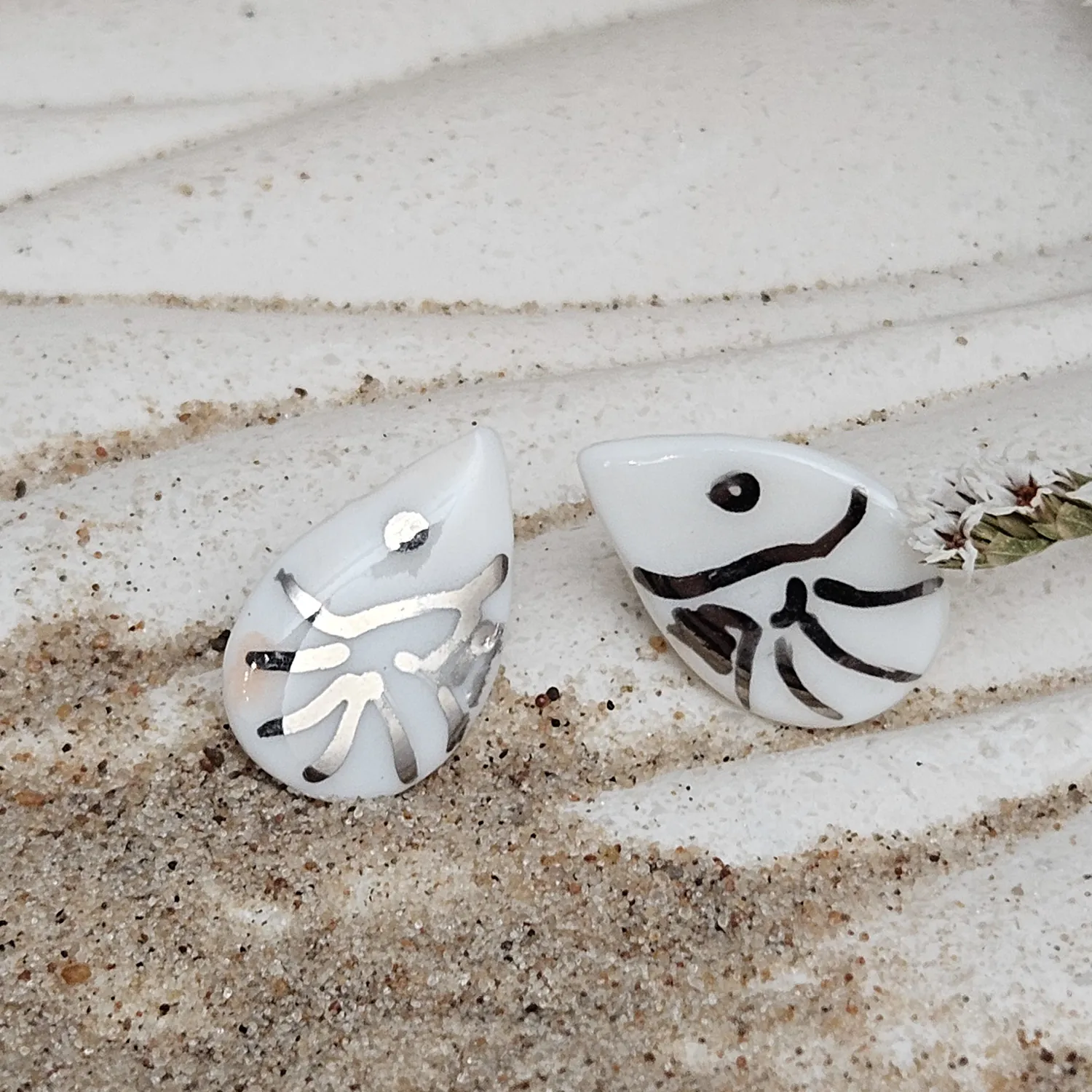 Fine ceramic fine ceramic porcelain hypoallergenic stud designer earrings for sensitive ears - hand-painted artisan shrimps with silver accents (white gold)