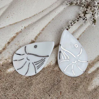 Fine ceramic fine ceramic porcelain hypoallergenic stud designer earrings for sensitive ears - hand-painted artisan shrimps with silver accents (white gold)