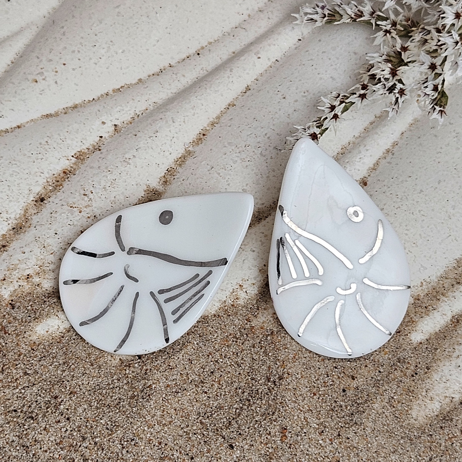 Fine ceramic fine ceramic porcelain hypoallergenic stud designer earrings for sensitive ears - hand-painted artisan shrimps with silver accents (white gold)