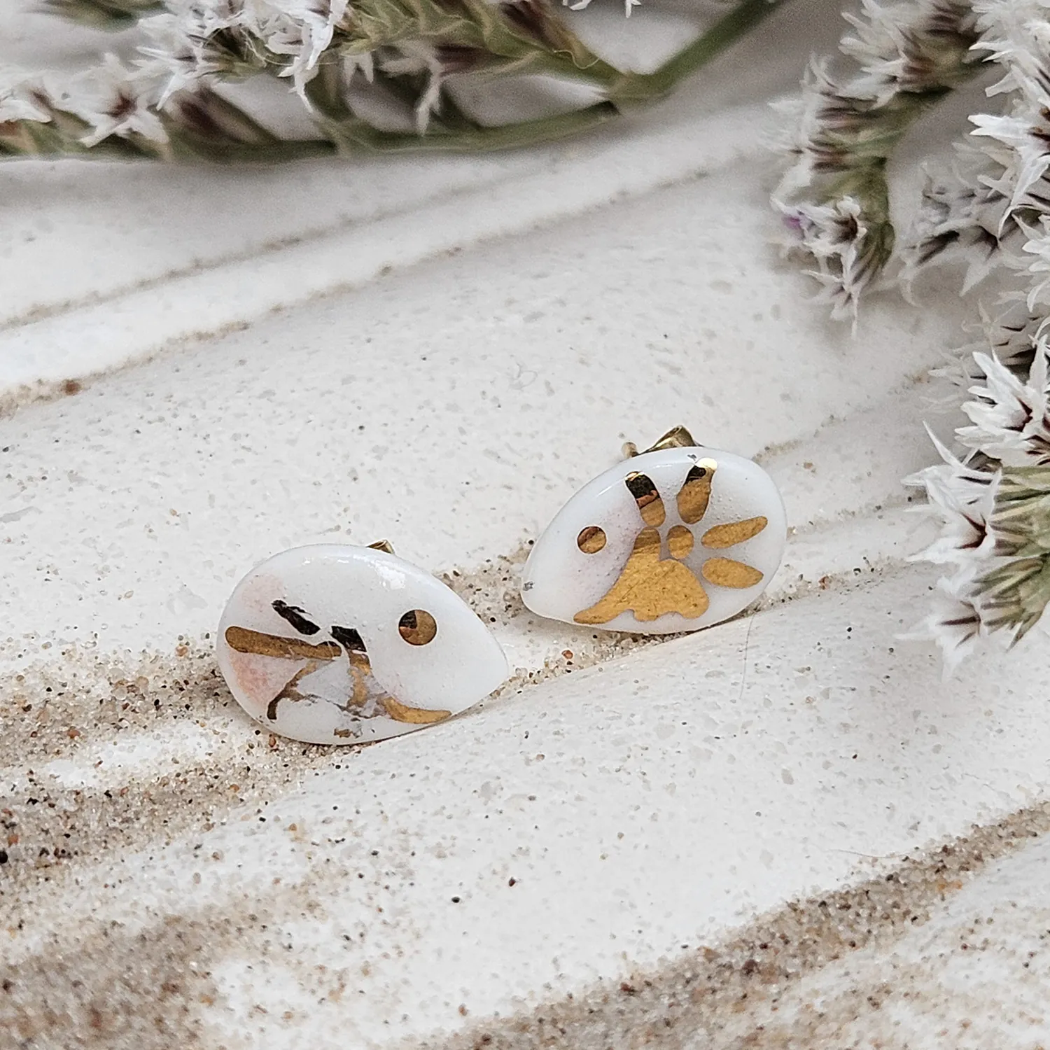 Fine ceramic fine ceramic porcelain hypoallergenic stud designer earrings for sensitive ears - hand-painted artisan shrimps with 22k gold plating