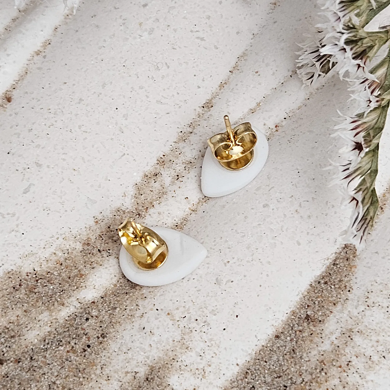 Fine ceramic fine ceramic porcelain hypoallergenic stud designer earrings for sensitive ears - hand-painted artisan shrimps with 22k gold plating - Image 3