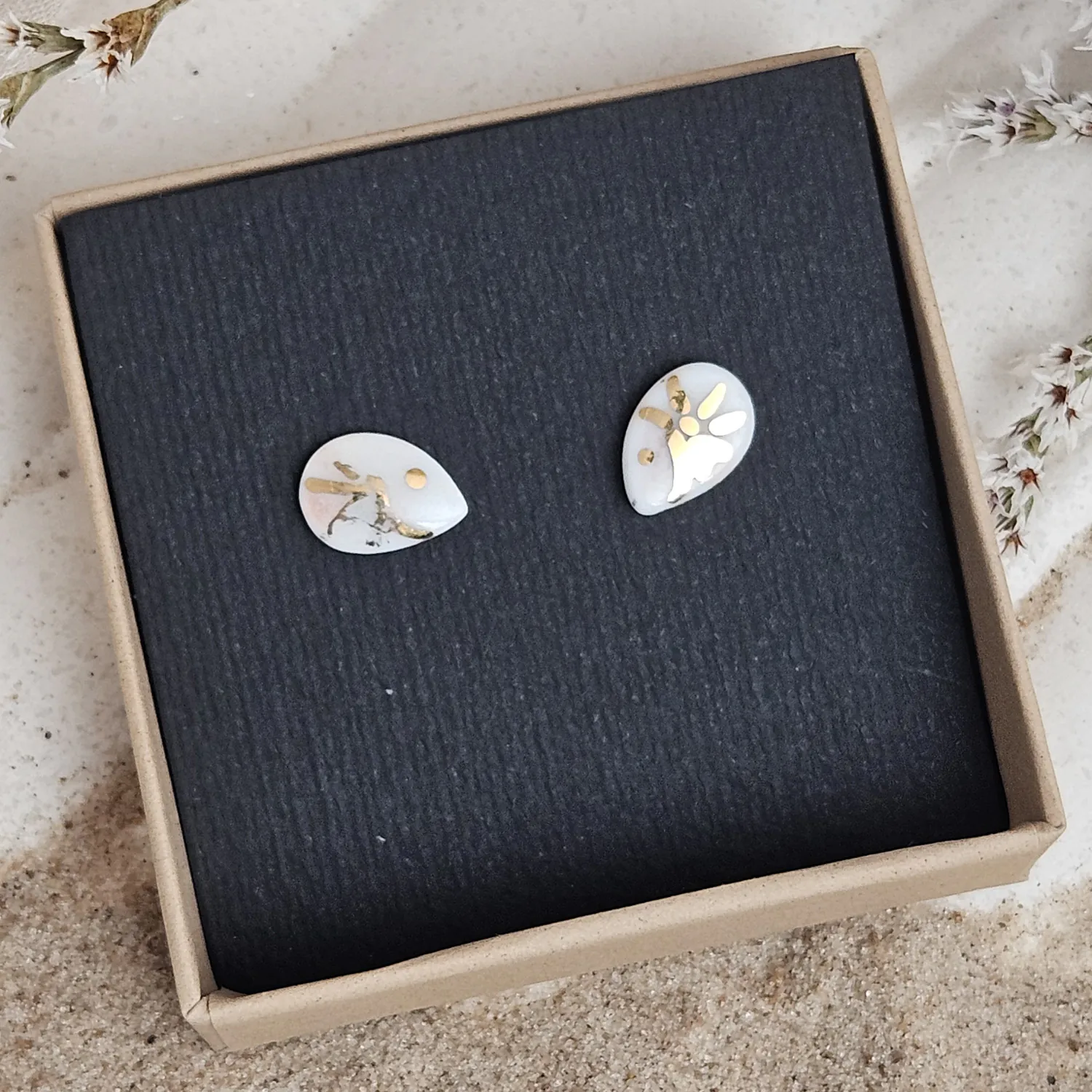 Fine ceramic fine ceramic porcelain hypoallergenic stud designer earrings for sensitive ears - hand-painted artisan shrimps with 22k gold plating - Image 4