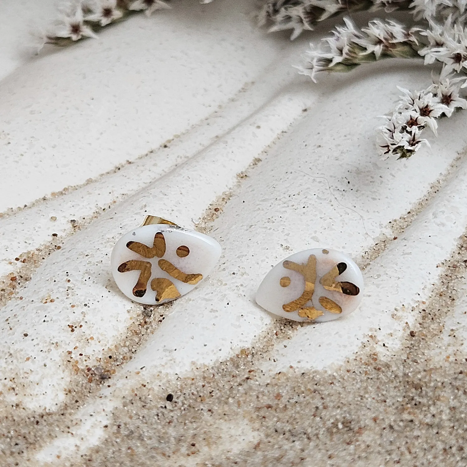 Fine ceramic fine ceramic porcelain hypoallergenic stud designer earrings for sensitive ears - hand-painted artisan shrimps with 22k gold plating