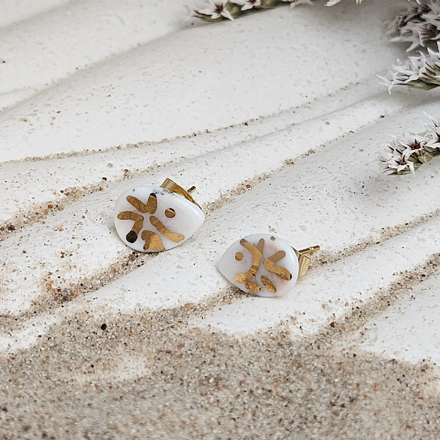Fine ceramic fine ceramic porcelain hypoallergenic stud designer earrings for sensitive ears - hand-painted artisan shrimps with 22k gold plating - Image 2