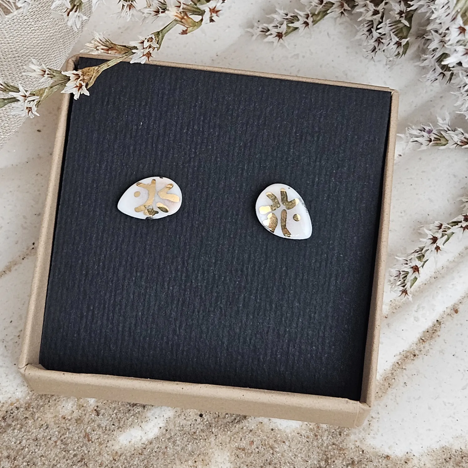 Fine ceramic fine ceramic porcelain hypoallergenic stud designer earrings for sensitive ears - hand-painted artisan shrimps with 22k gold plating - Image 5