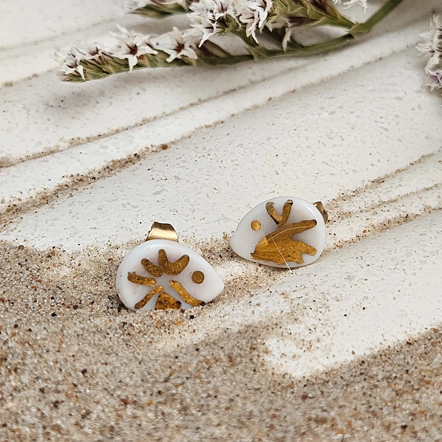 Fine ceramic fine ceramic porcelain hypoallergenic stud designer earrings for sensitive ears - hand-painted artisan shrimps with 22k gold plating