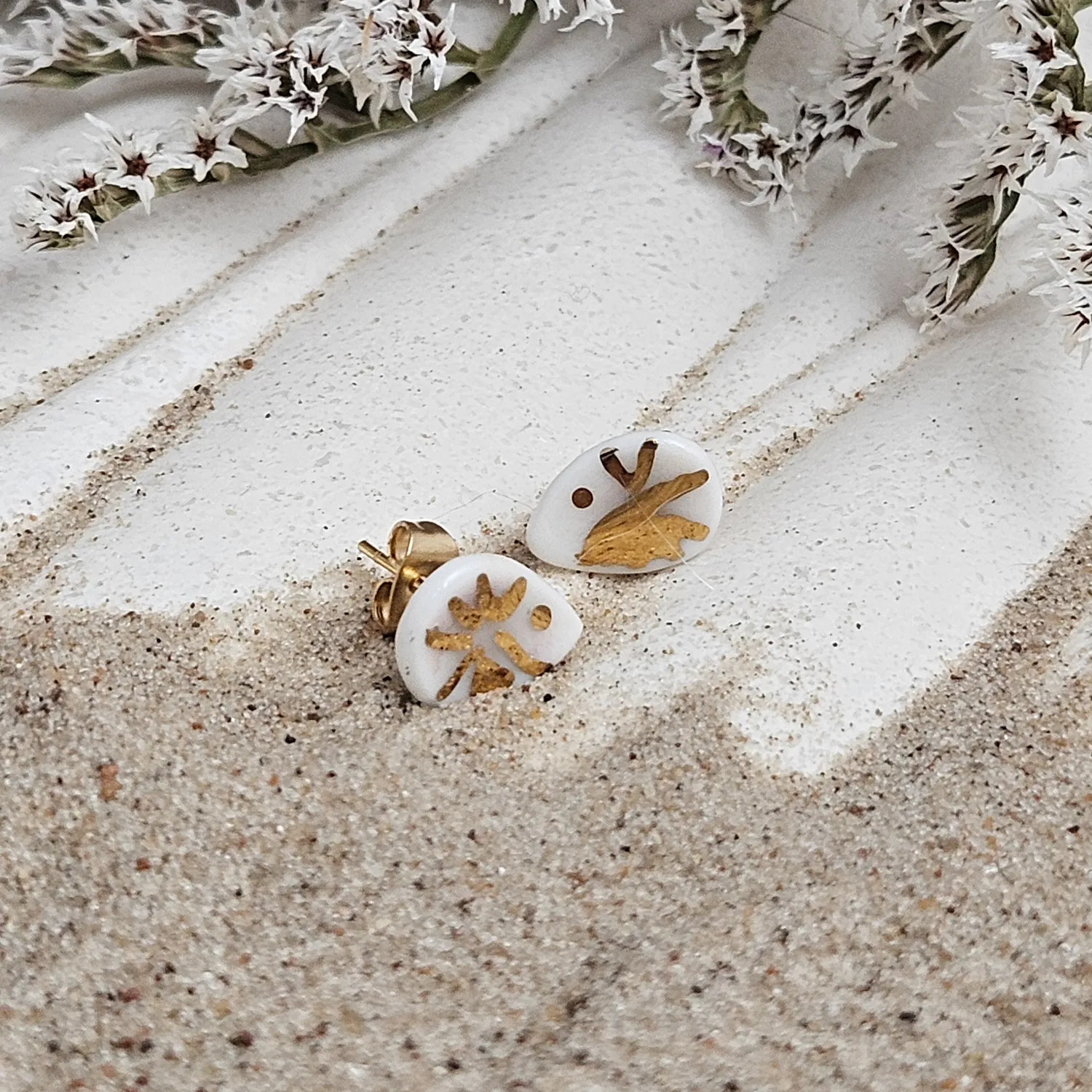 Fine ceramic fine ceramic porcelain hypoallergenic stud designer earrings for sensitive ears - hand-painted artisan shrimps with 22k gold plating - Image 2