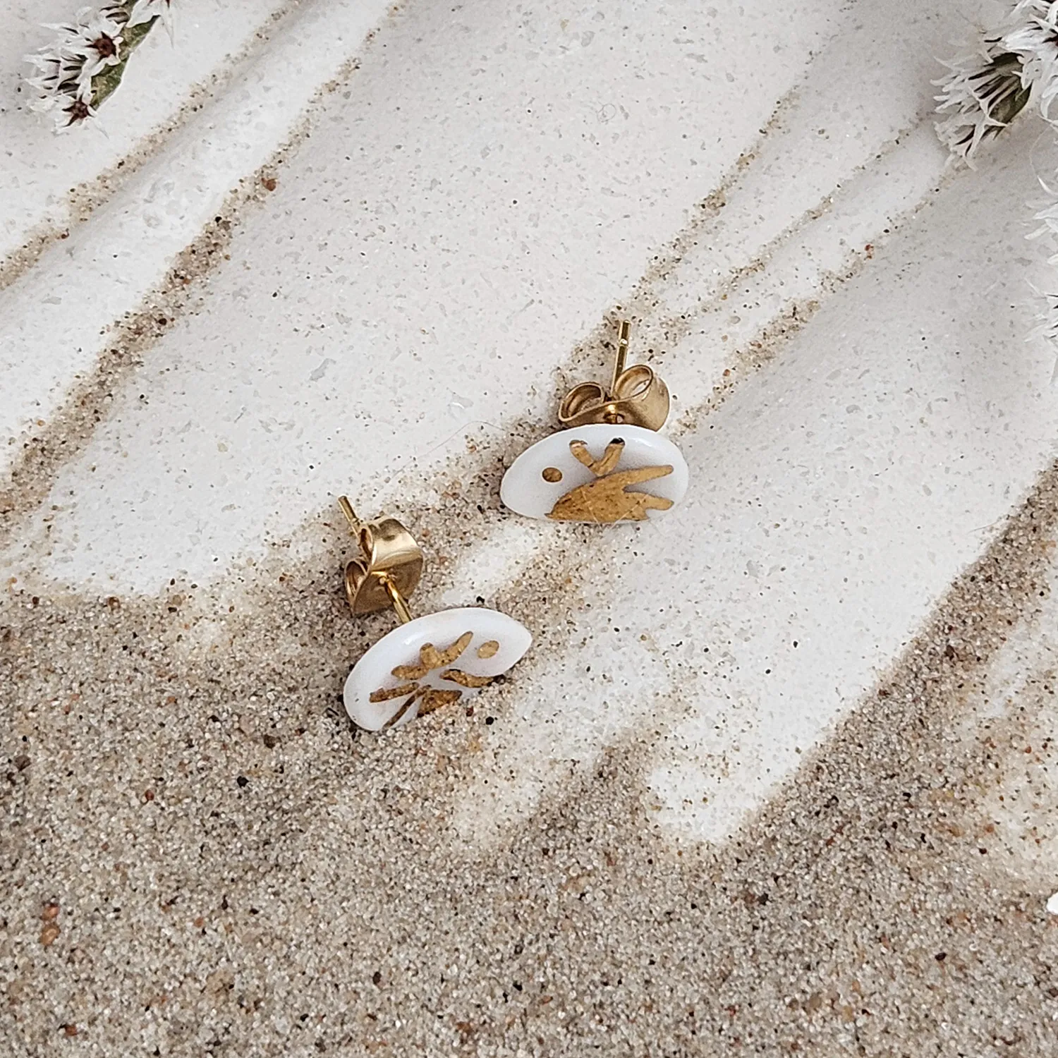 Fine ceramic fine ceramic porcelain hypoallergenic stud designer earrings for sensitive ears - hand-painted artisan shrimps with 22k gold plating - Image 3