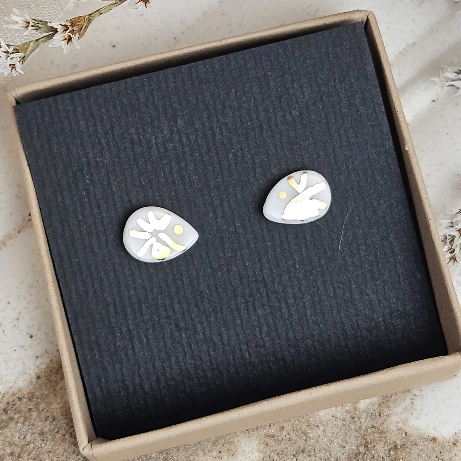 Fine ceramic fine ceramic porcelain hypoallergenic stud designer earrings for sensitive ears - hand-painted artisan shrimps with 22k gold plating - Image 5