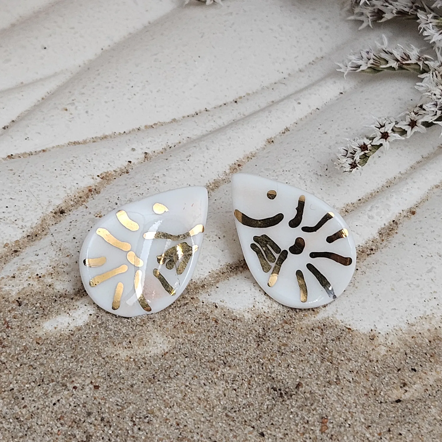Fine ceramic fine ceramic porcelain hypoallergenic stud designer earrings for sensitive ears - hand-painted artisan shrimps with 22k gold plating