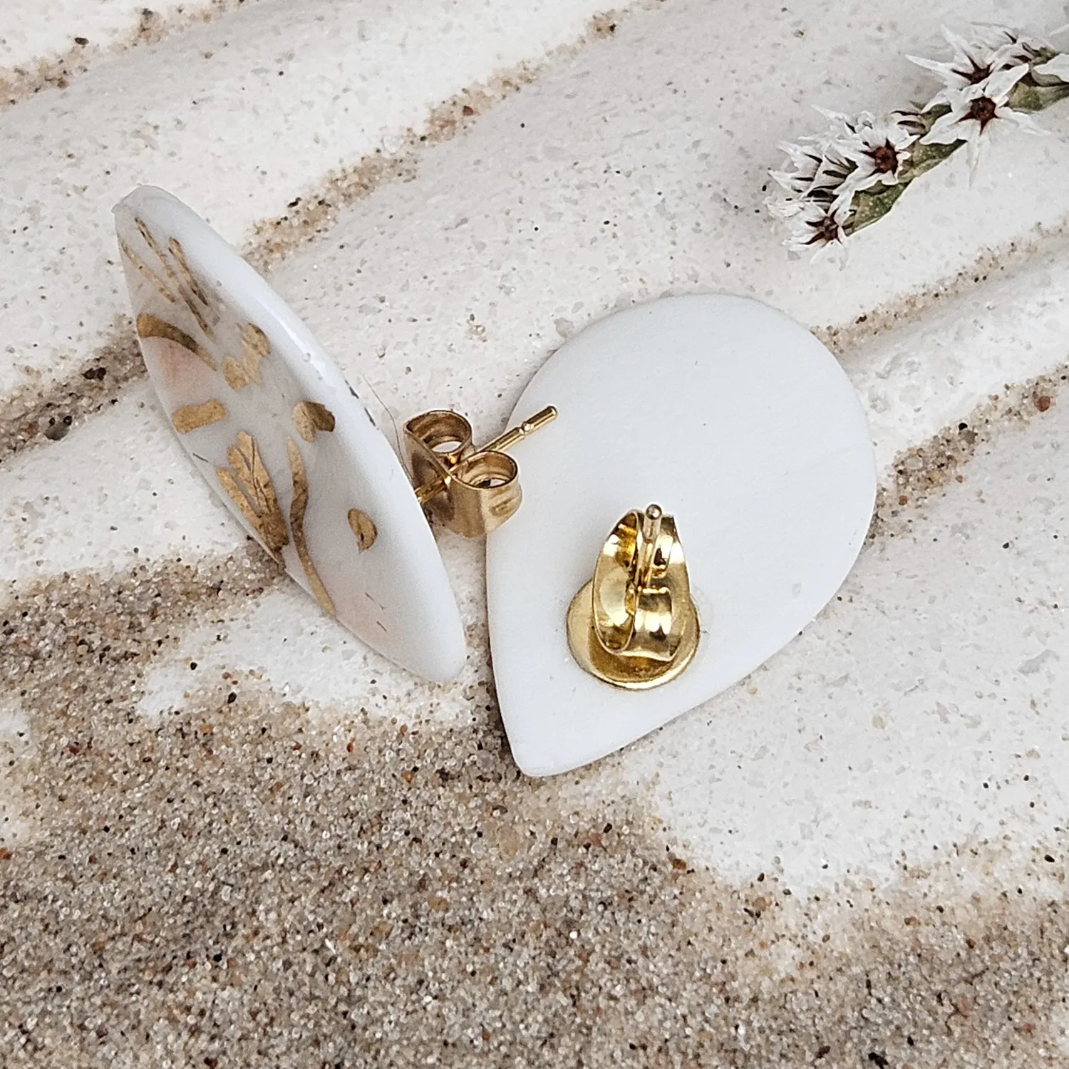 Fine ceramic fine ceramic porcelain hypoallergenic stud designer earrings for sensitive ears - hand-painted artisan shrimps with 22k gold plating - Image 3