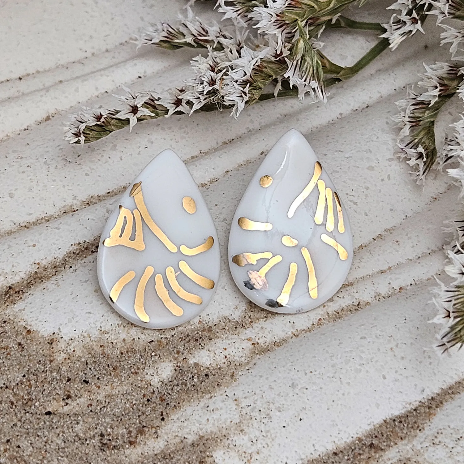 Fine ceramic fine ceramic porcelain hypoallergenic stud designer earrings for sensitive ears - hand-painted artisan shrimps with 22k gold plating