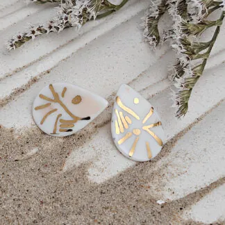 Fine ceramic fine ceramic porcelain hypoallergenic stud designer earrings for sensitive ears - hand-painted artisan shrimps with 22k gold plating
