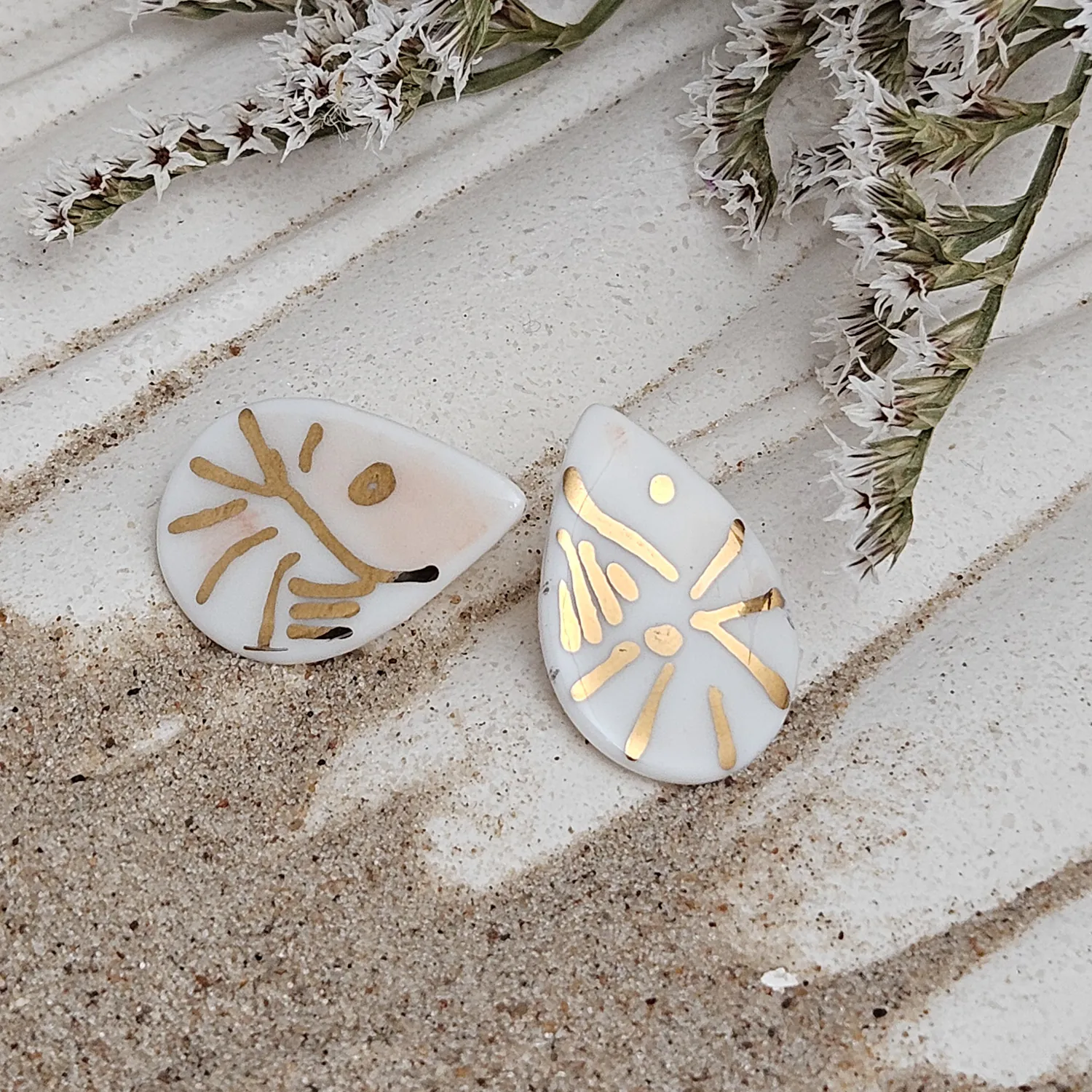 Fine ceramic fine ceramic porcelain hypoallergenic stud designer earrings for sensitive ears - hand-painted artisan shrimps with 22k gold plating