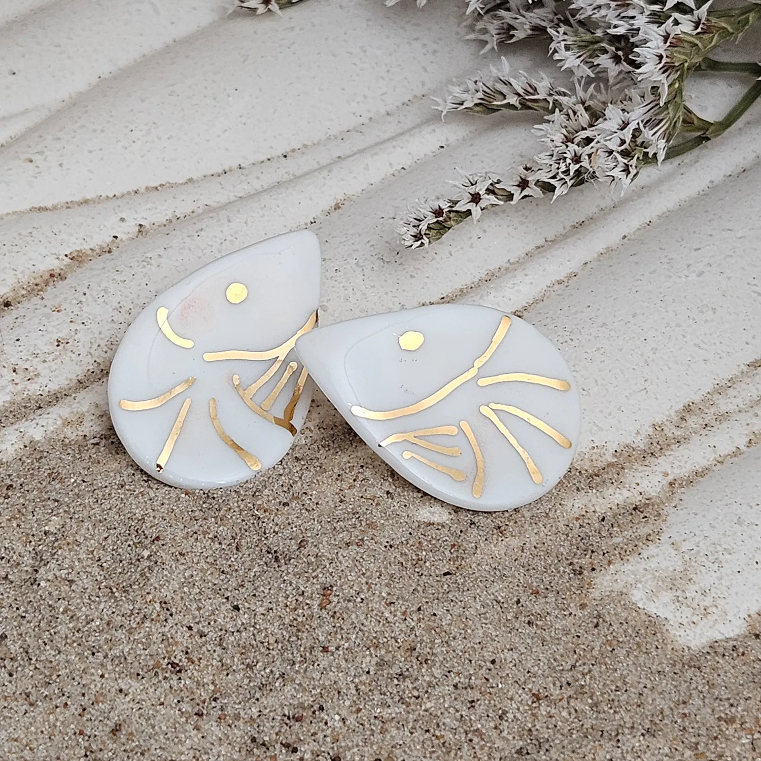 Fine ceramic fine ceramic porcelain hypoallergenic stud designer earrings for sensitive ears - hand-painted artisan shrimps with 22k gold plating