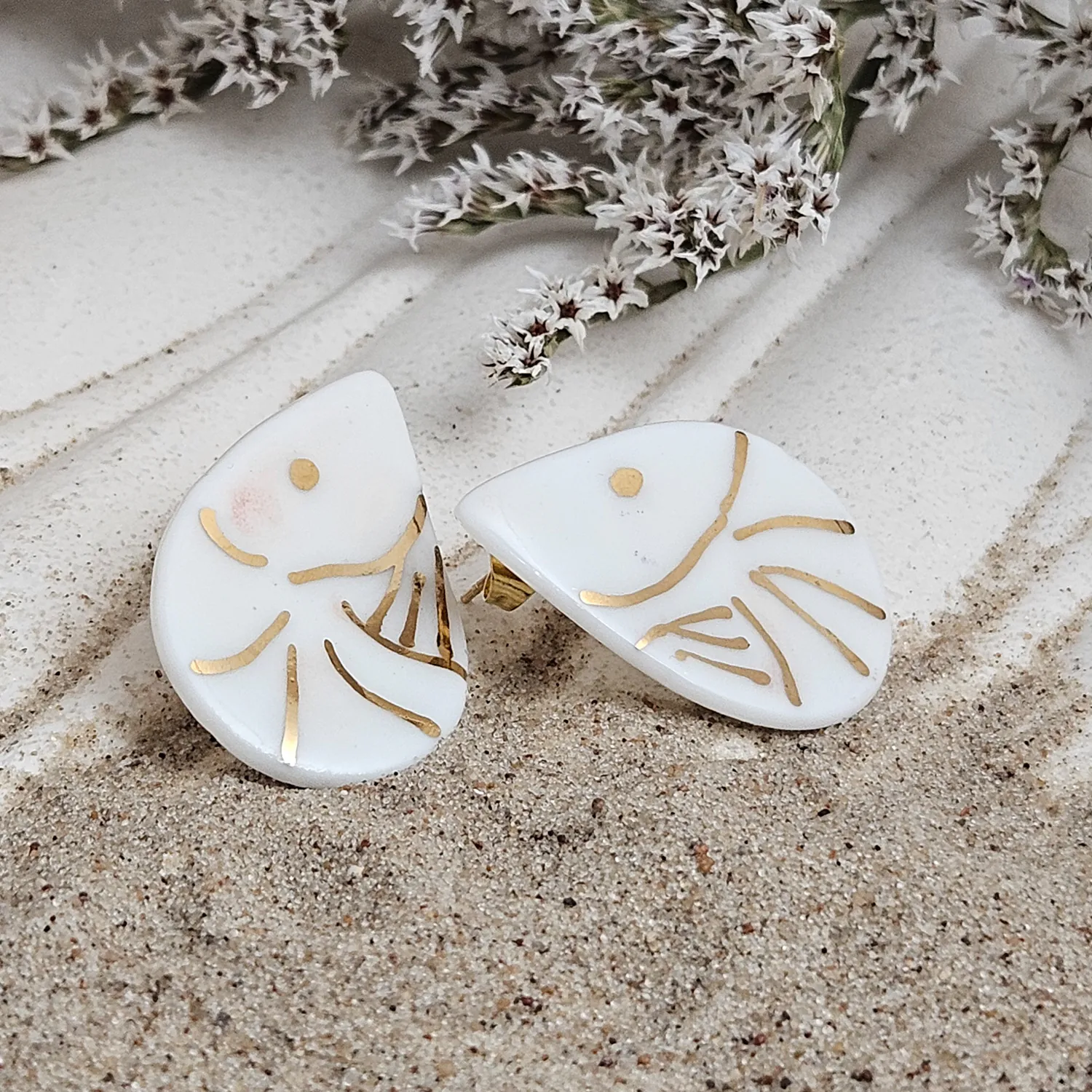 Fine ceramic fine ceramic porcelain hypoallergenic stud designer earrings for sensitive ears - hand-painted artisan shrimps with 22k gold plating - Image 2