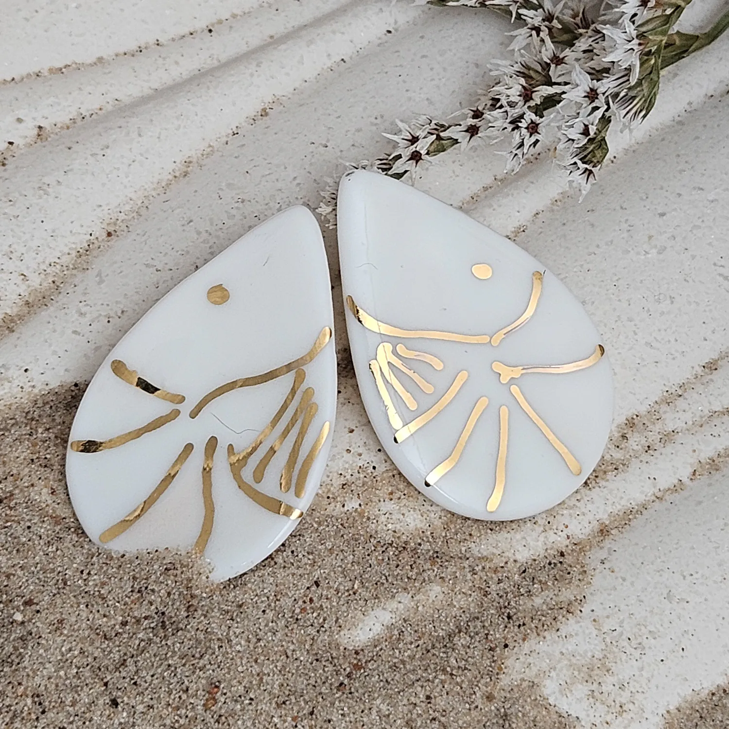 Fine ceramic fine ceramic porcelain hypoallergenic stud designer earrings for sensitive ears - hand-painted artisan shrimps with 22k gold plating