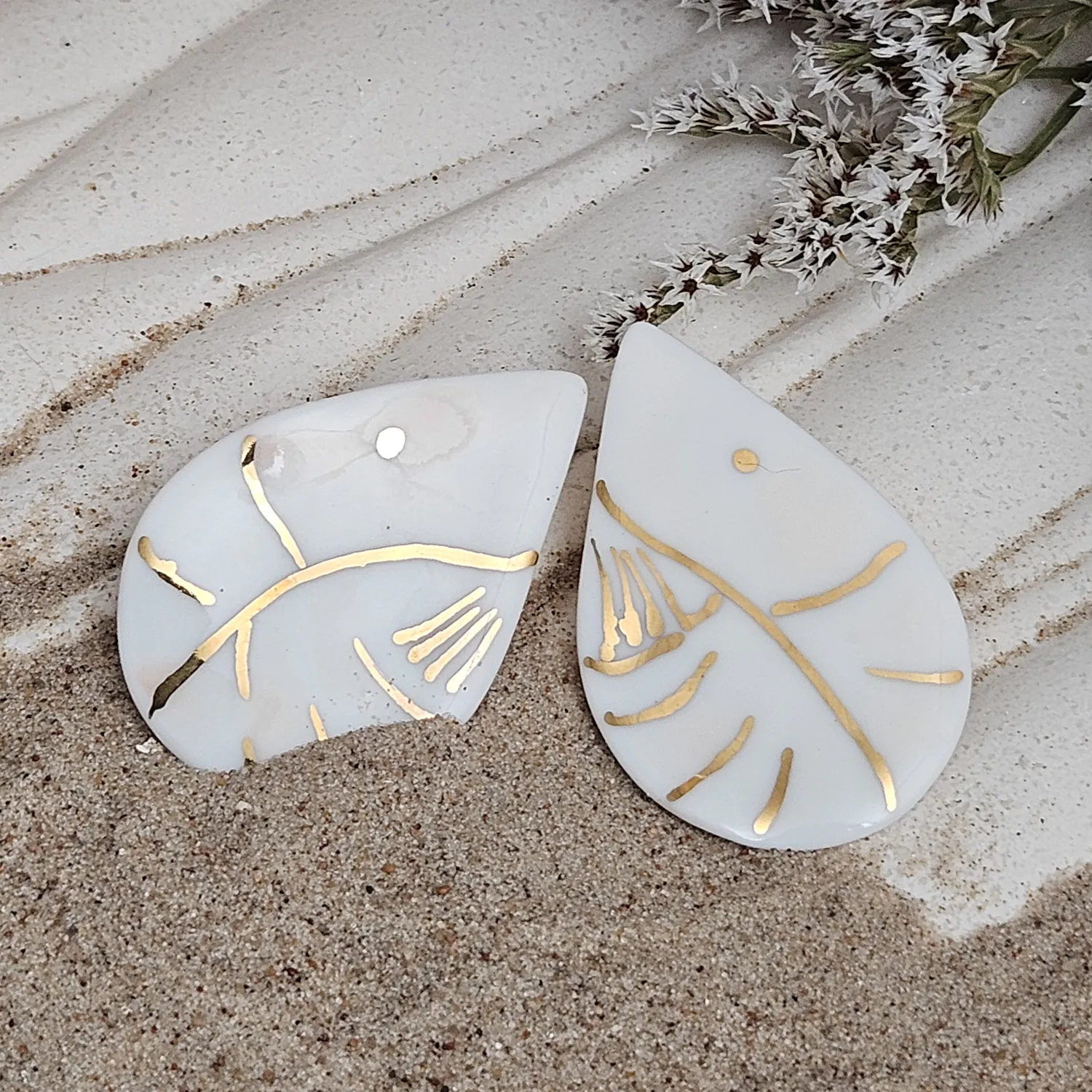 Fine ceramic fine ceramic porcelain hypoallergenic stud designer earrings for sensitive ears - hand-painted artisan shrimps with 22k gold plating