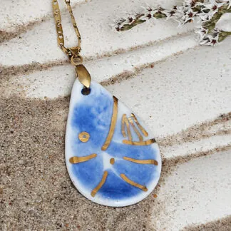 Fine ceramic fine ceramic porcelain designer necklace - hand-painted artisan shrimp with silver accents (white gold)