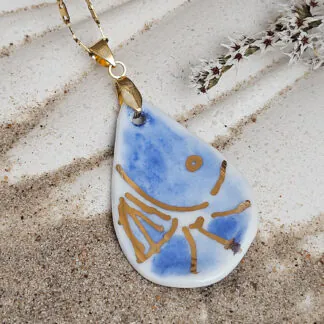 Cobalt blue fine ceramic porcelain designer necklace - hand-painted artisan shrimp with 22k gold plating