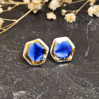 Cobalt blue fine ceramic porcelain hypoallergenic stud designer earrings for sensitive ears with 22k gold plating - embossed crocheted pattern